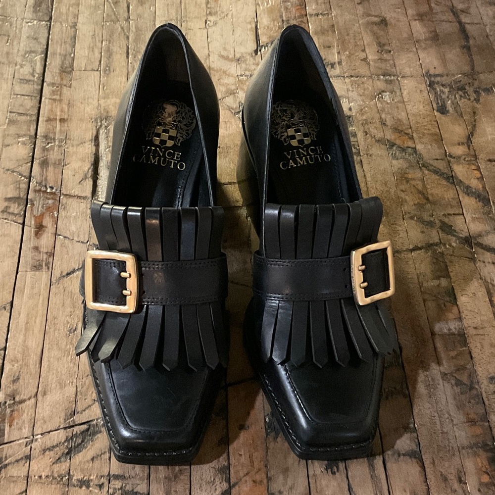 Vince Camuto Black Loafers with Fringe and Gold Buckle
